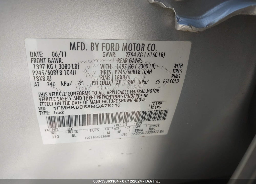 2011 FORD EXPLORER XLT VIN: 1FMHK8D88BGA78110