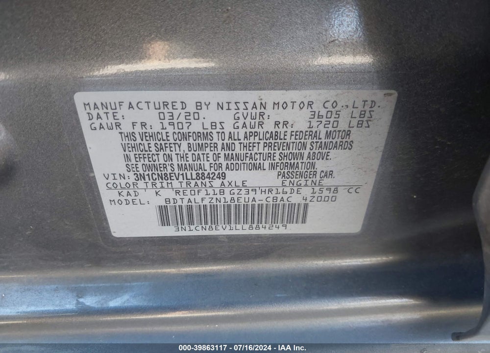 2020 NISSAN VERSA VIN: 3N1CN8EV1LL884249