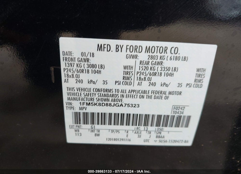 2018 FORD EXPLORER XLT VIN: 1FM5K8D88JGA75323