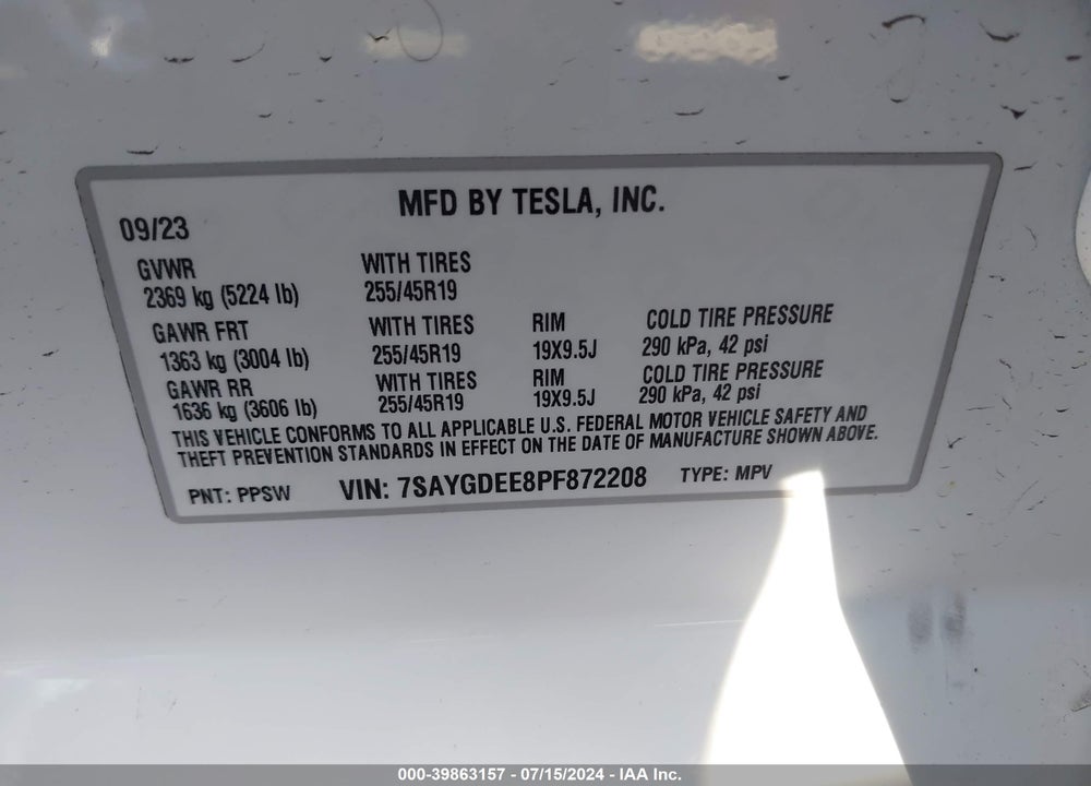 2023 TESLA MODEL Y AWD/LONG RANGE DUAL MOTOR ALL-WHEEL DRIVE VIN: 7SAYGDEE8PF872208