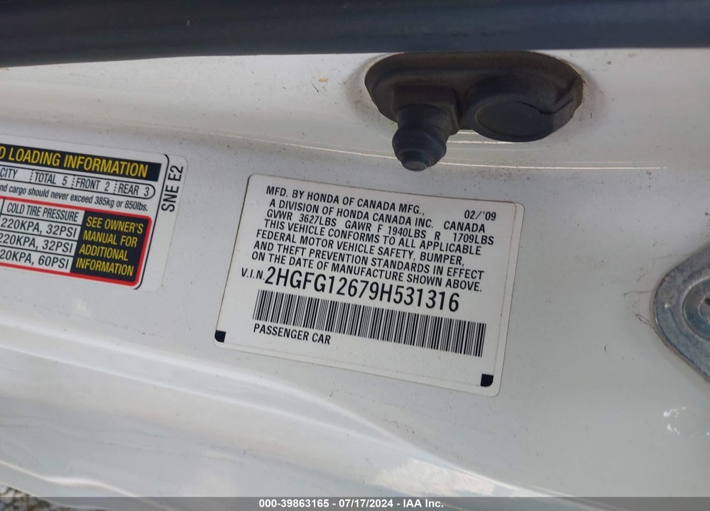 2009 HONDA CIVIC LX VIN: 2HGFG12679H531316