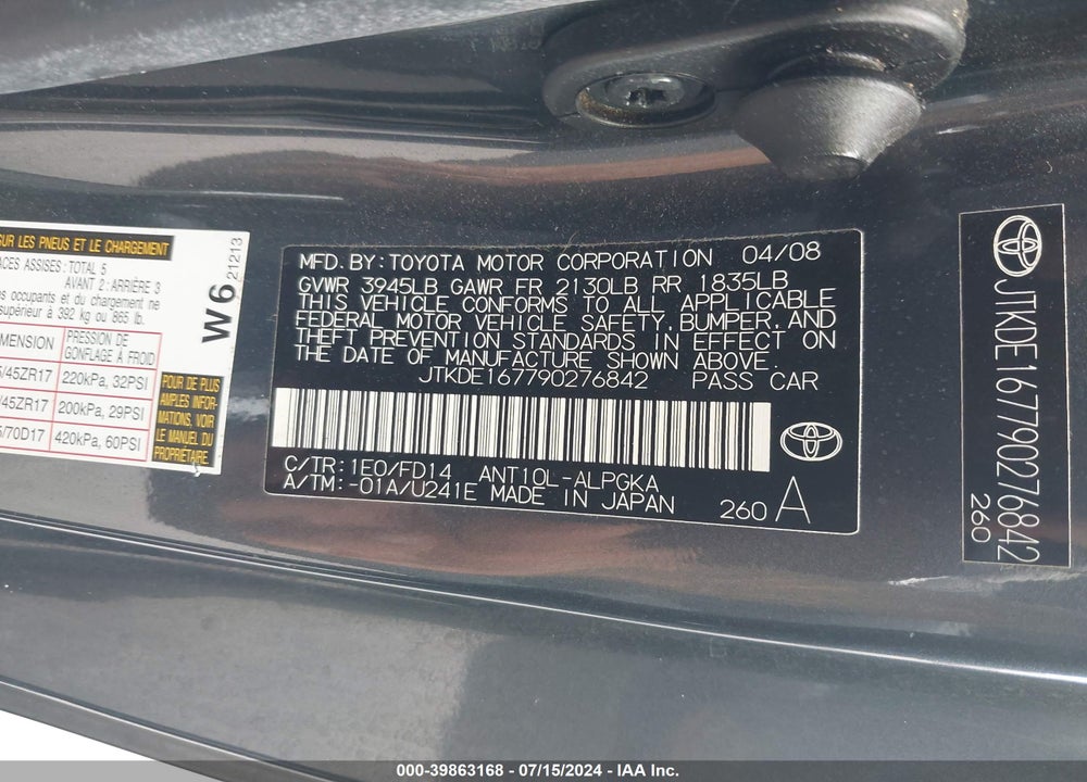 2009 SCION TC VIN: JTKDE167790276842