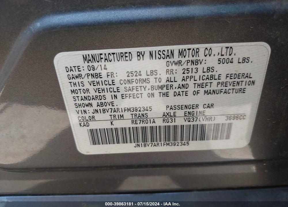 2015 INFINITI Q50 PREMIUM VIN: JN1BV7AR1FM392345