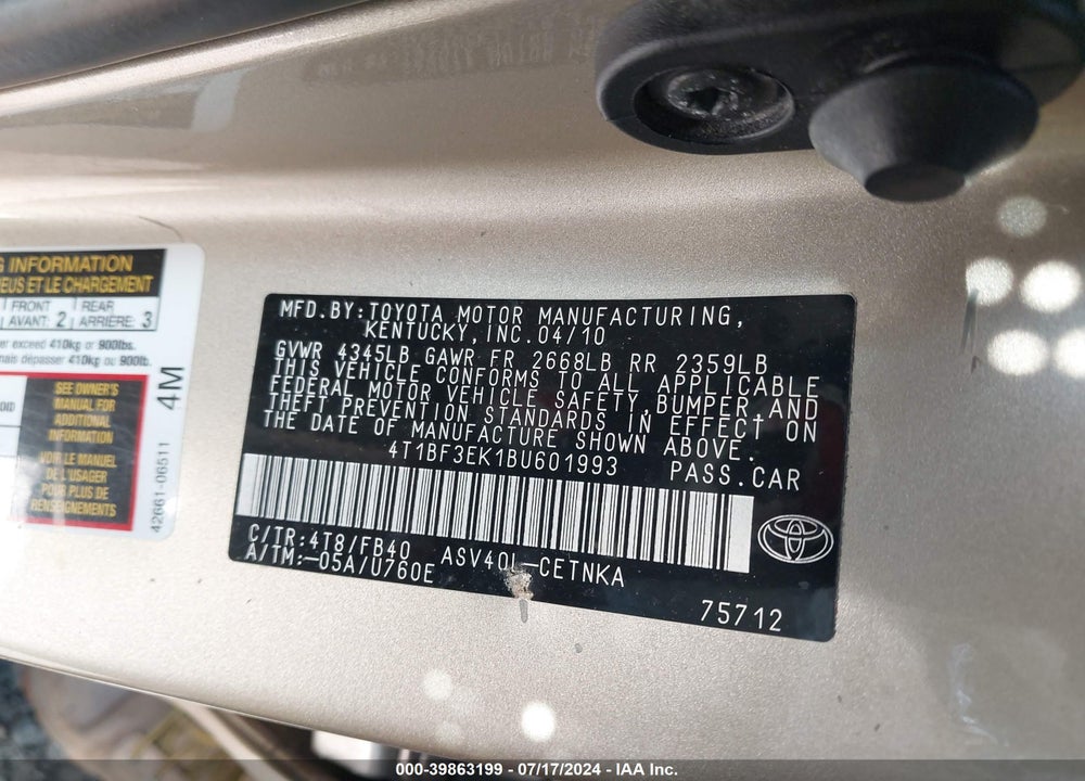 2011 TOYOTA CAMRY LE VIN: 4T1BF3EK1BU601993