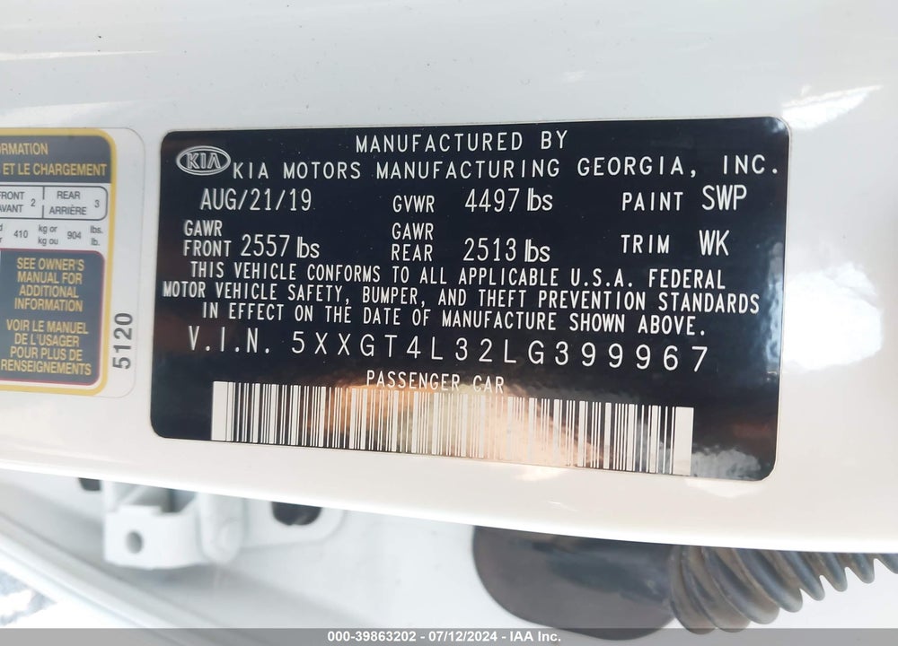 2020 KIA OPTIMA LX VIN: 5XXGT4L32LG399967