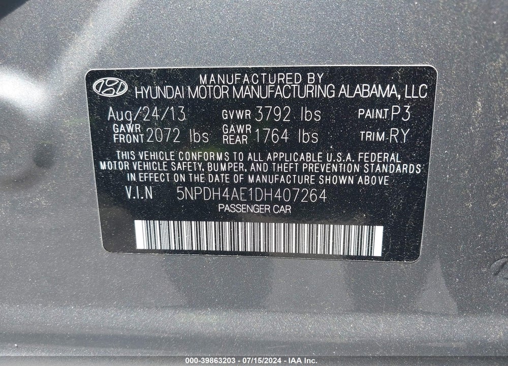 2013 HYUNDAI ELANTRA VIN: 5NPDH4AE1DH407264