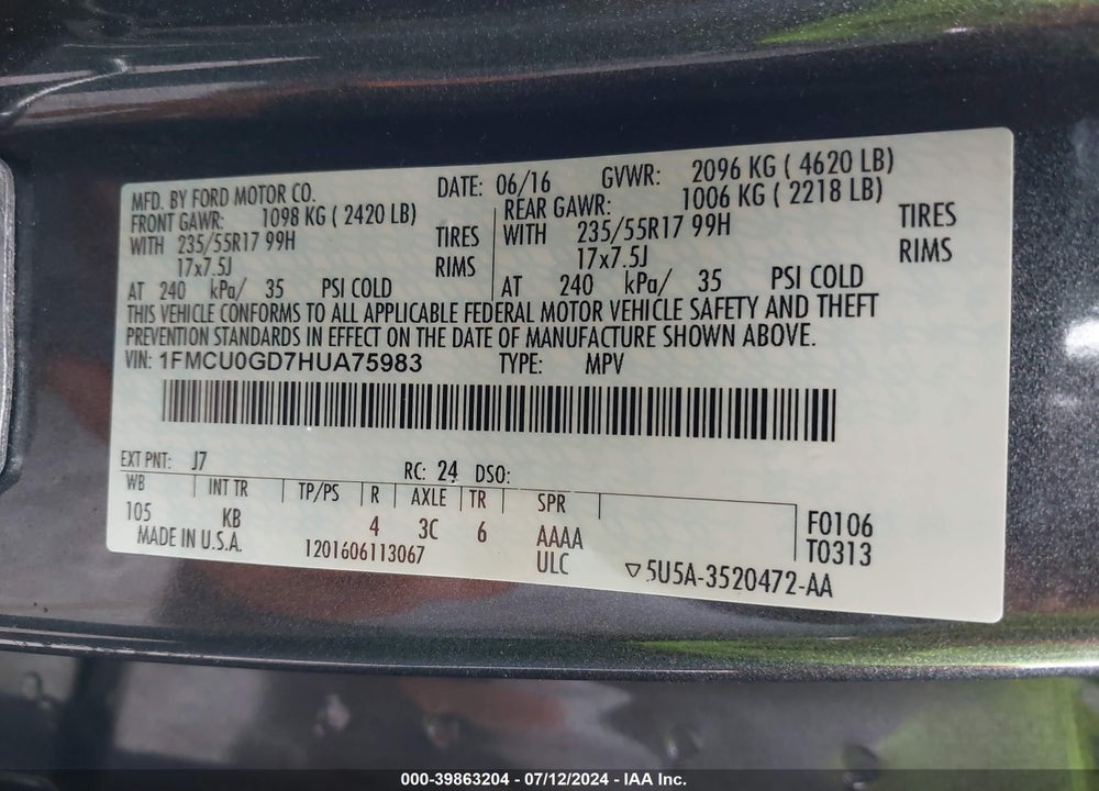 2017 FORD ESCAPE SE VIN: 1FMCU0GD7HUA75983