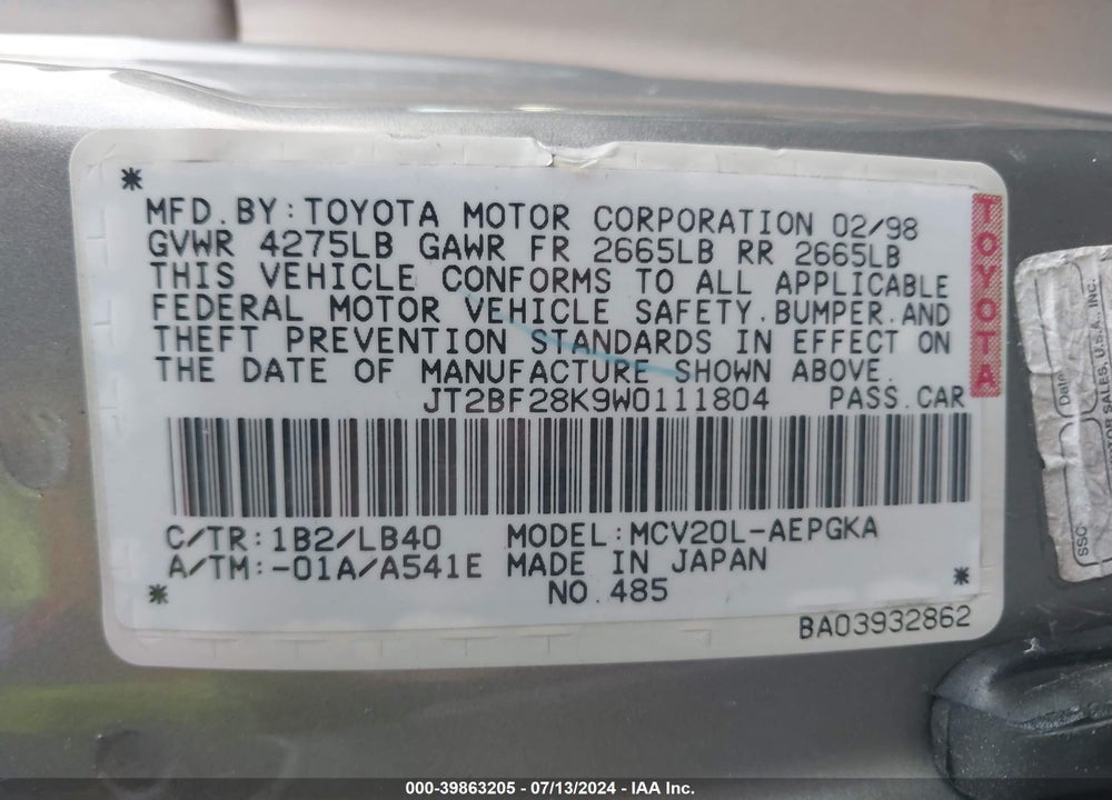 1998 TOYOTA CAMRY XLE V6 VIN: JT2BF28K9W0111804