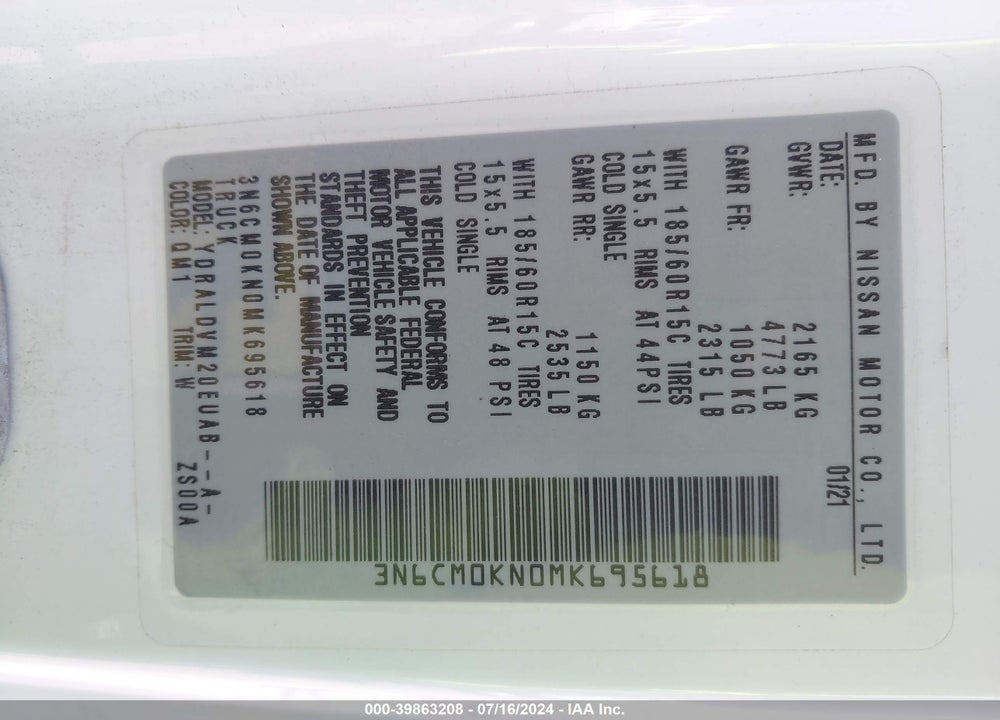 2021 NISSAN NV200 COMPACT CARGO S XTRONIC CVT VIN: 3N6CM0KN0MK695618