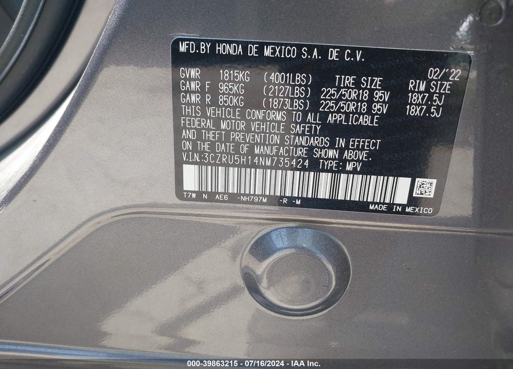 2022 HONDA HR-V 2WD SPORT VIN: 3CZRU5H14NM735424