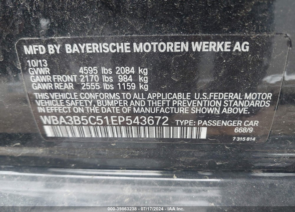 2014 BMW 328I XDRIVE VIN: WBA3B5C51EP543672