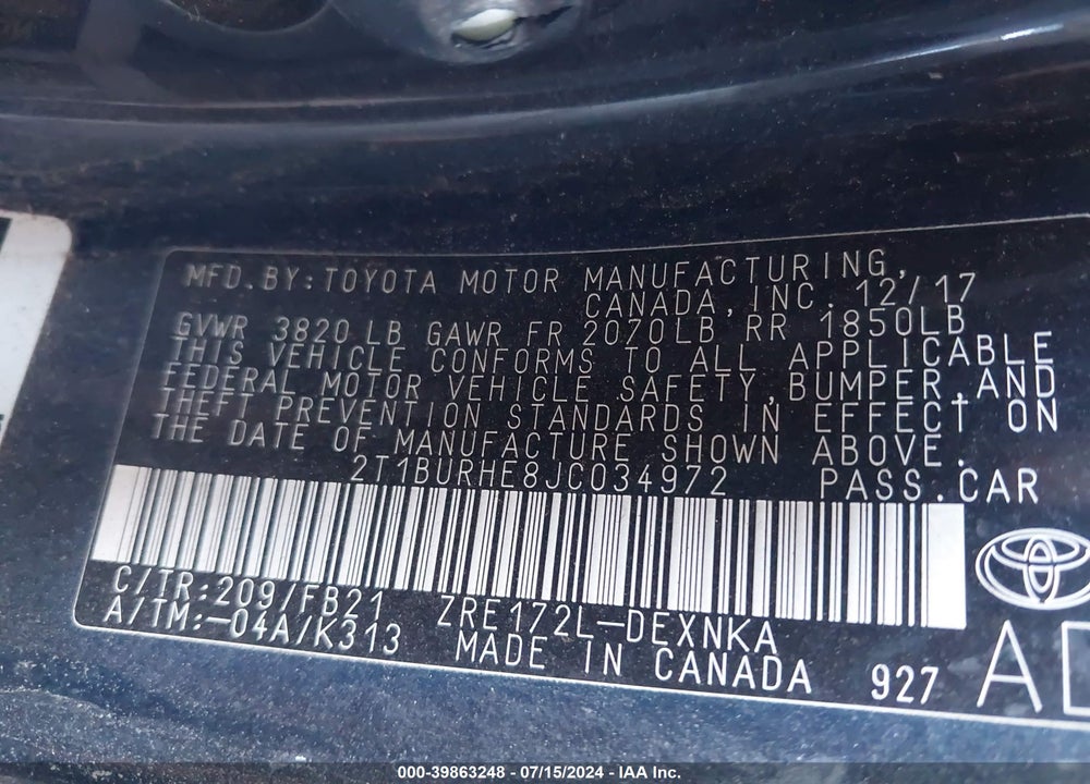 2018 TOYOTA COROLLA LE VIN: 2T1BURHE8JC034972