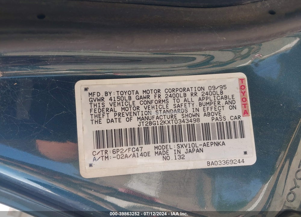 1996 TOYOTA CAMRY DX/LE/XLE VIN: JT2BG12KXT0343498
