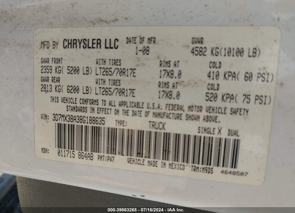 2008 DODGE RAM 3500 VIN: 3D7MX38A38G188635