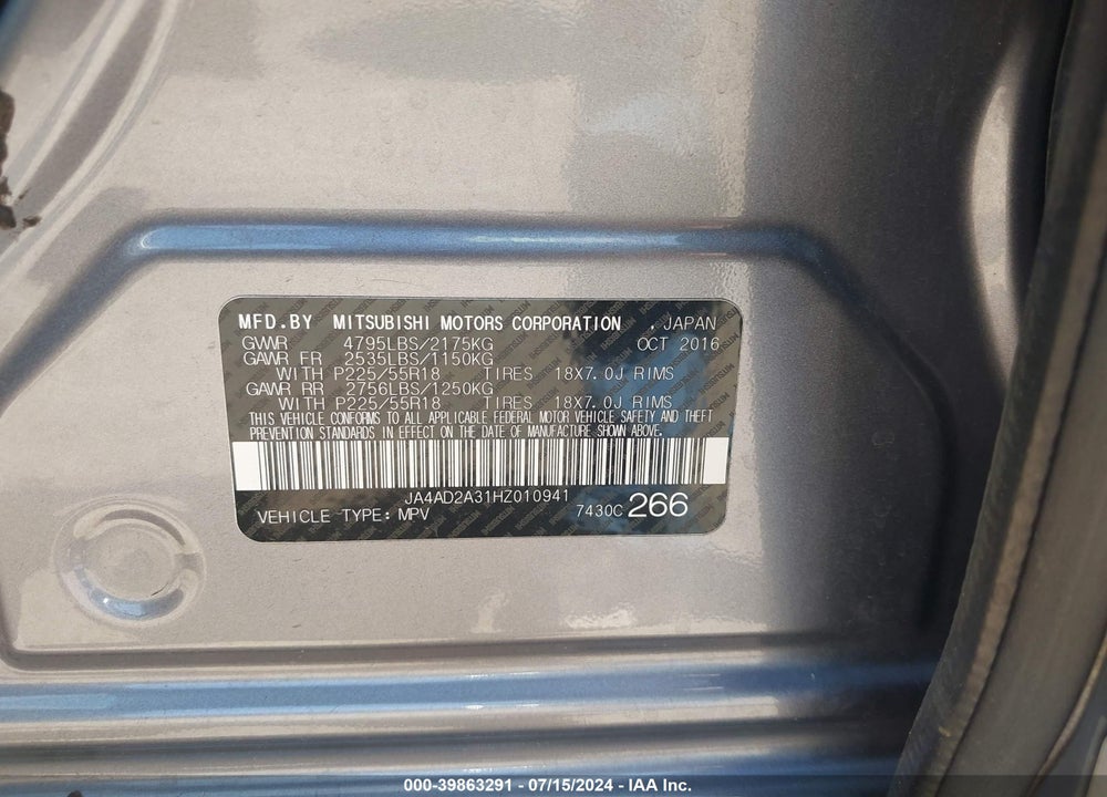 2017 MITSUBISHI OUTLANDER ES VIN: JA4AD2A31HZ010941