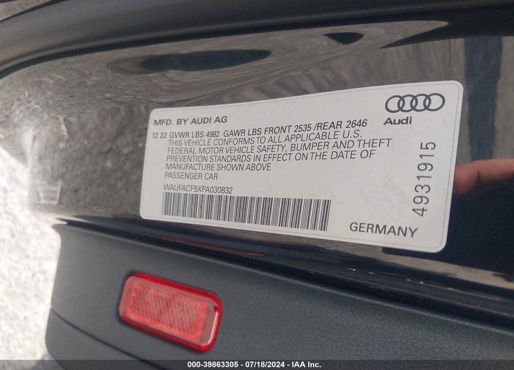 2023 AUDI A5 SPORTBACK PREMIUM PLUS 45 TFSI S LINE QUATTRO S TRONIC VIN: WAUFACF5XPA030832