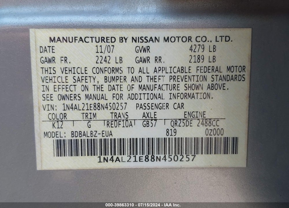 2008 NISSAN ALTIMA 2.5 S VIN: 1N4AL21E88N450257