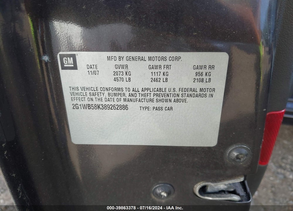 2008 CHEVROLET IMPALA LS VIN: 2G1WB58K389262886