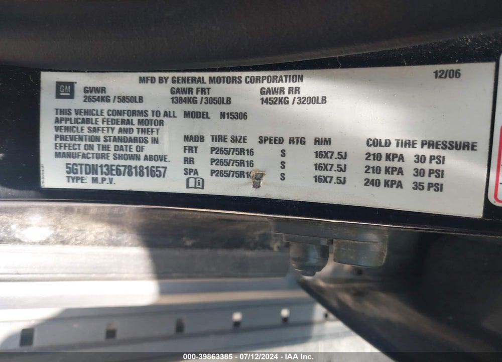 2007 HUMMER H3 SUV VIN: 5GTDN13E678181657