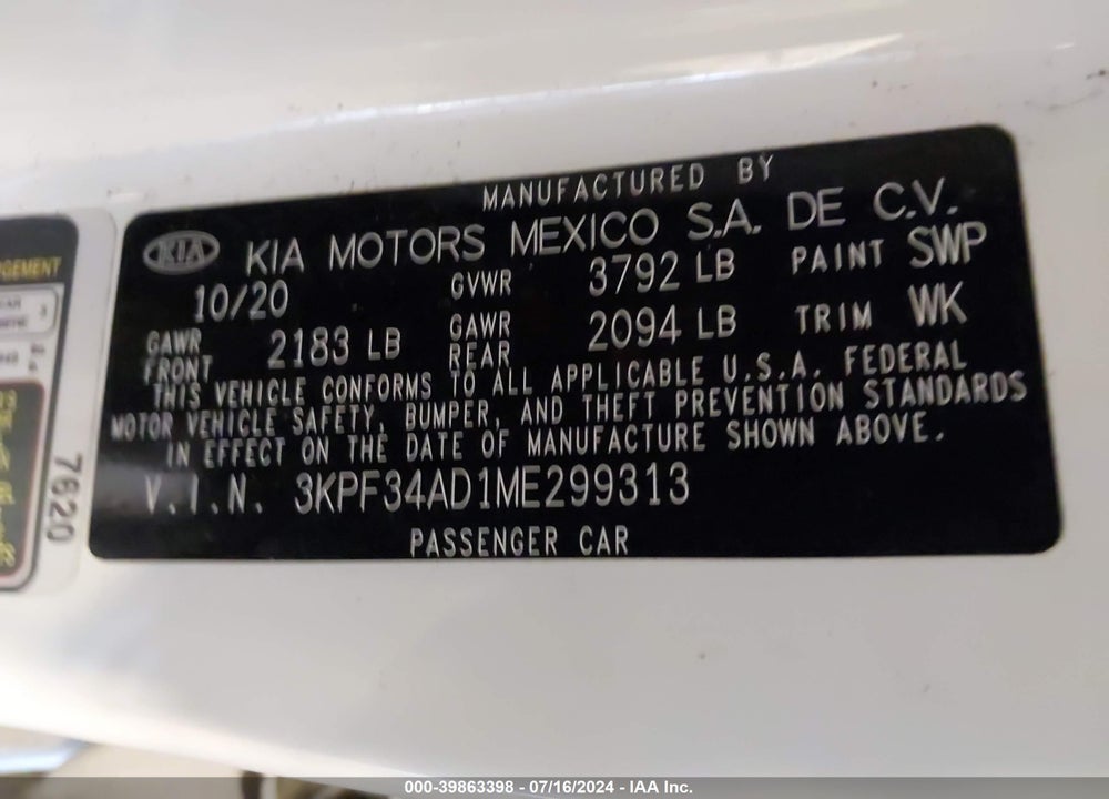 2021 KIA FORTE GT LINE VIN: 3KPF34AD1ME299313