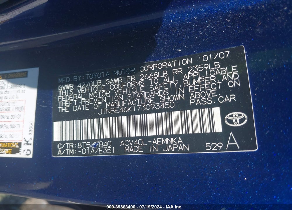 2007 TOYOTA CAMRY VIN: JTNBE46K173093450
