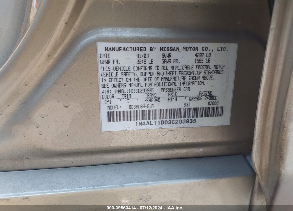 2003 NISSAN ALTIMA 2.5 S VIN: 1N4AL11D03C203935