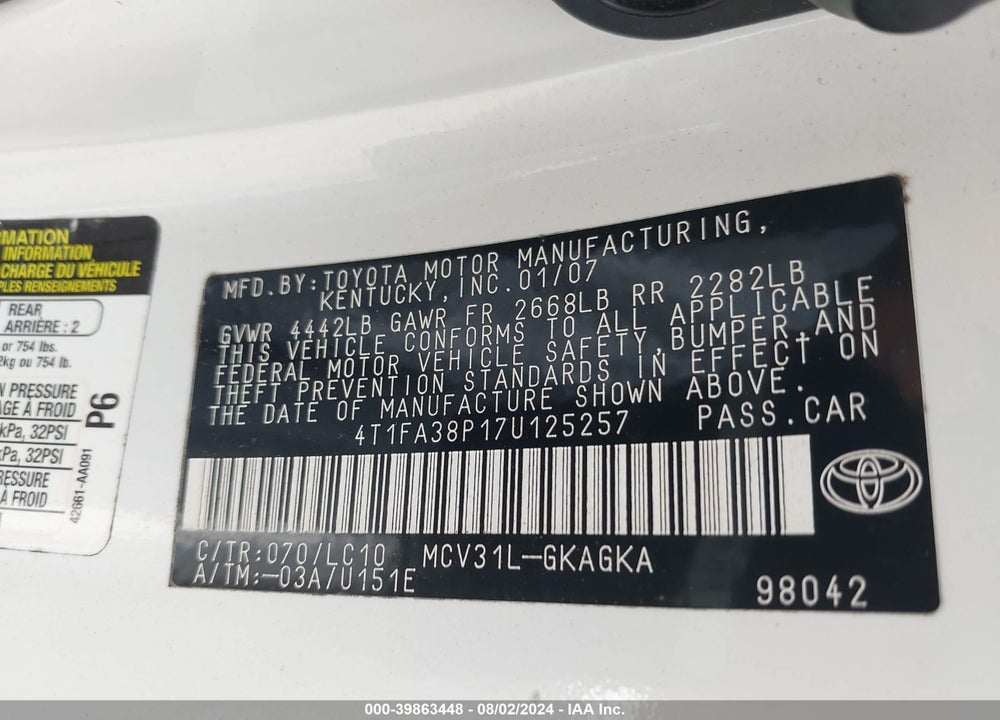 2007 TOYOTA CAMRY SOLARA SLE VIN: 4T1FA38P17U125257