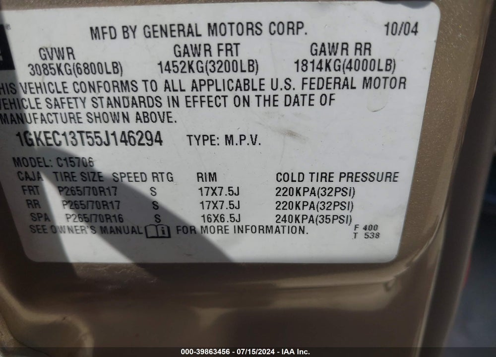 2005 GMC YUKON SLT VIN: 1GKEC13T55J146294