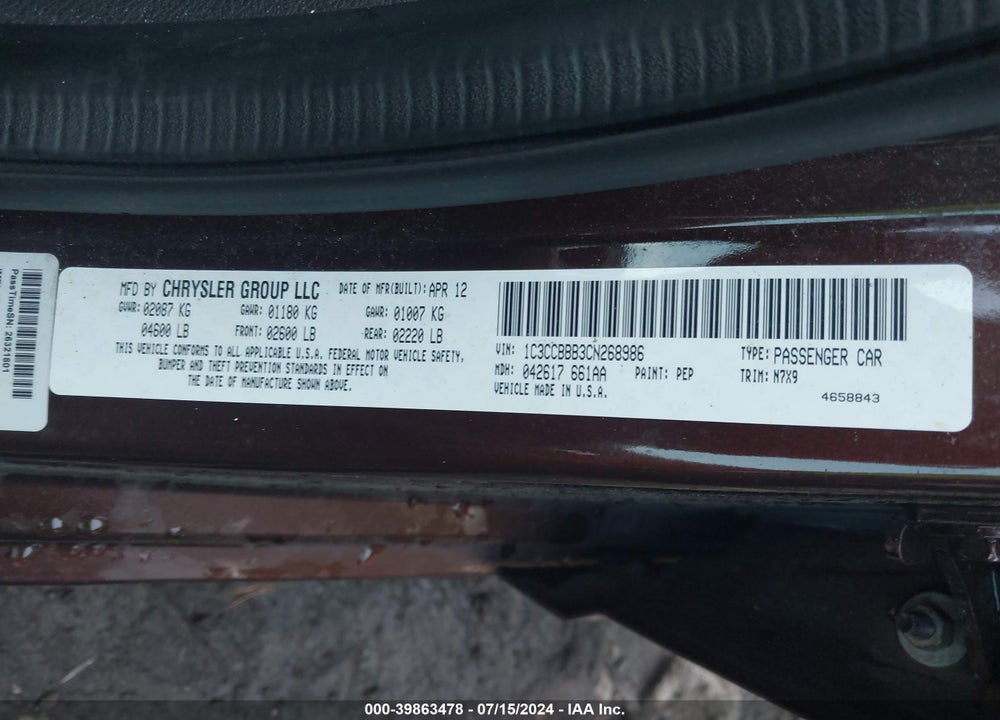 2012 CHRYSLER 200 TOURING VIN: 1C3CCBBB3CN268986
