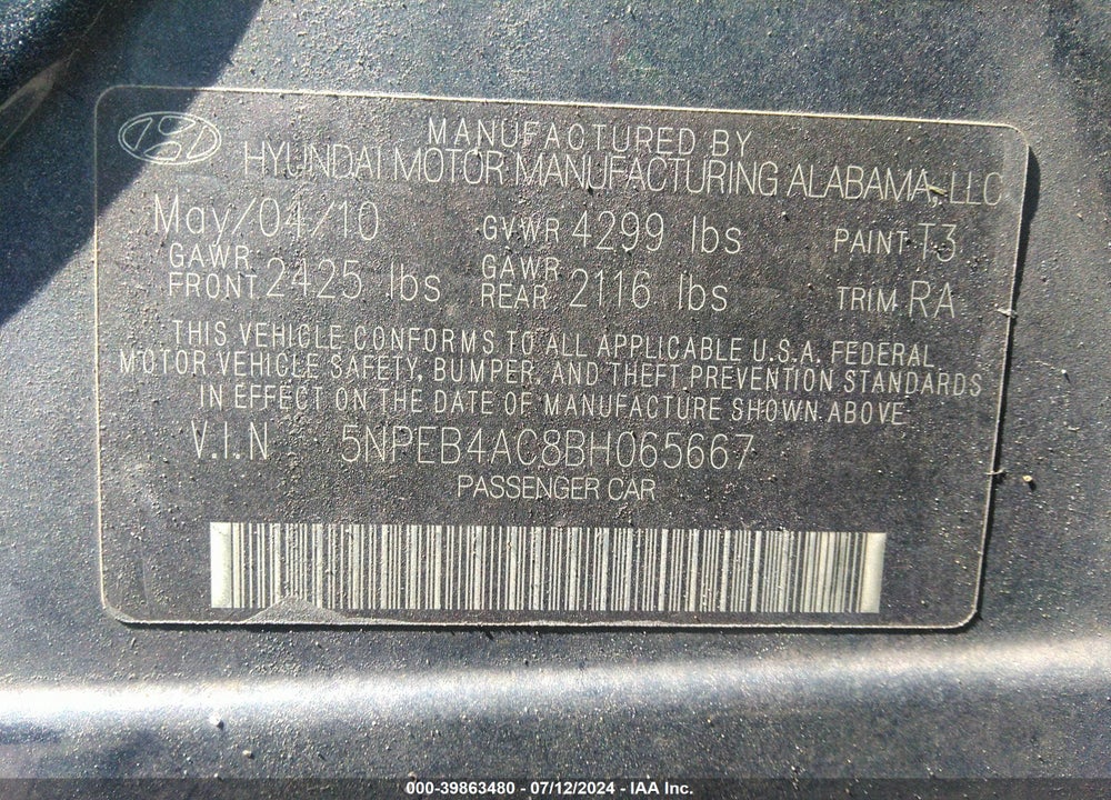 2011 HYUNDAI SONATA GLS VIN: 5NPEB4AC8BH065667