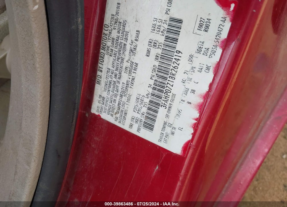 2008 FORD FUSION SE VIN: 3FAHP07Z18R262419