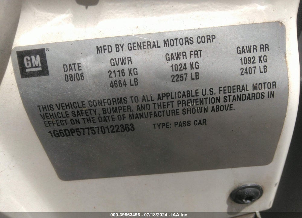 2007 CADILLAC CTS STANDARD VIN: 1G6DP577570122363