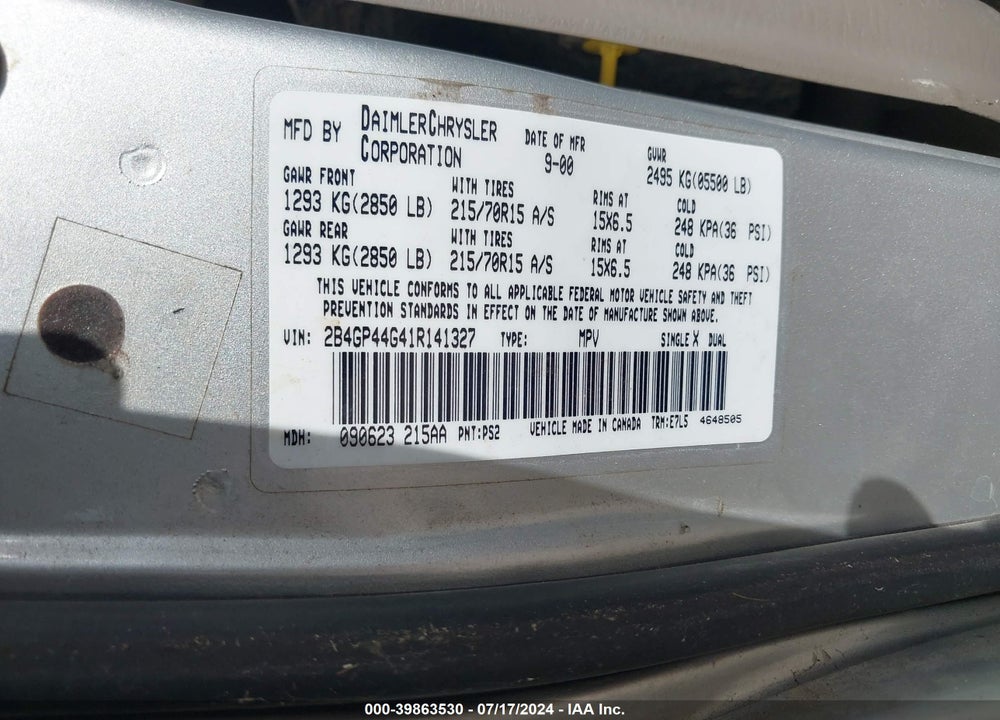 2001 DODGE CARAVAN SPORT VIN: 2B4GP44G41R141327