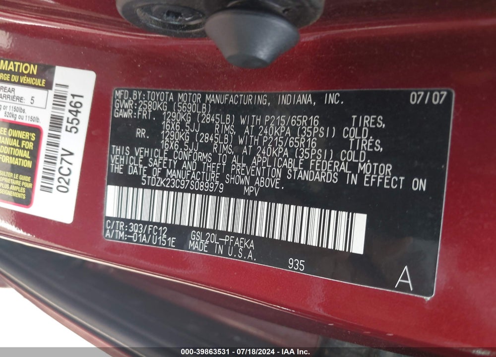 2007 TOYOTA SIENNA LE VIN: 5TDZK23C97S089979
