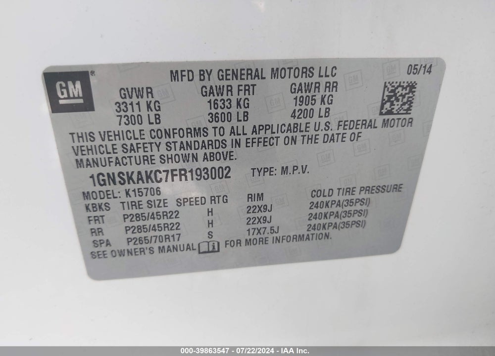 2015 CHEVROLET TAHOE LS VIN: 1GNSKAKC7FR193002
