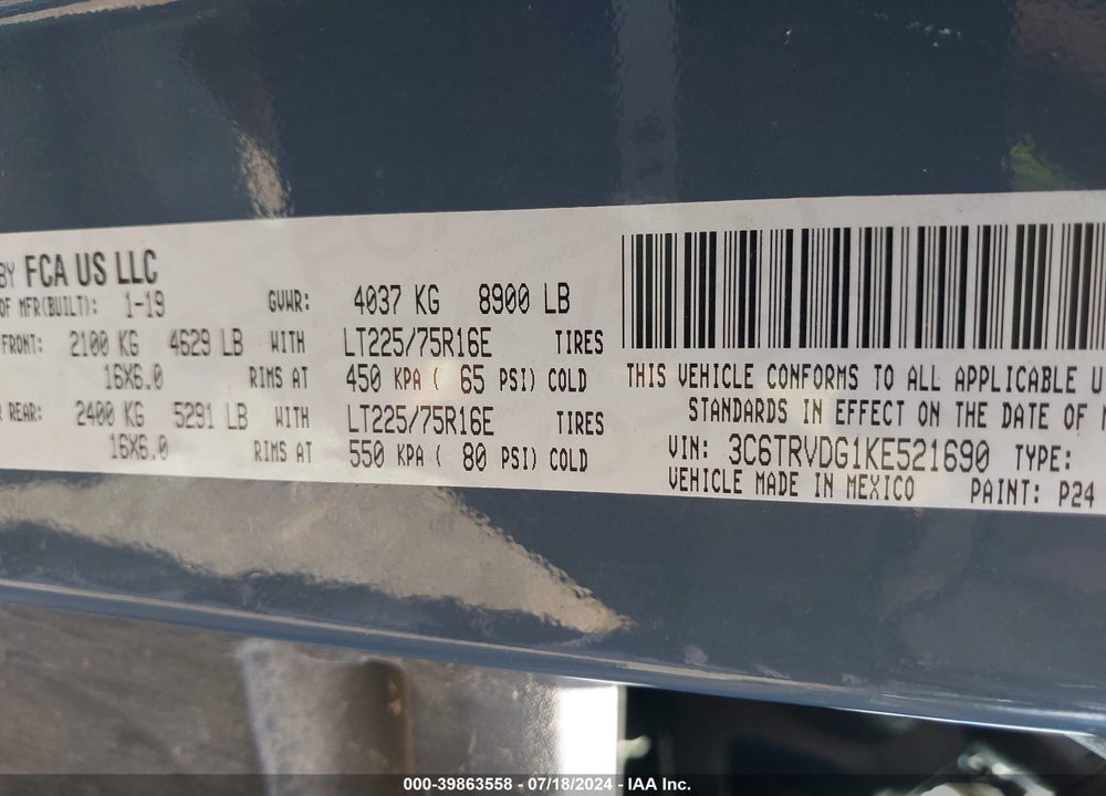 2019 RAM PROMASTER 2500 HIGH ROOF 159 WB VIN: 3C6TRVDG1KE521690