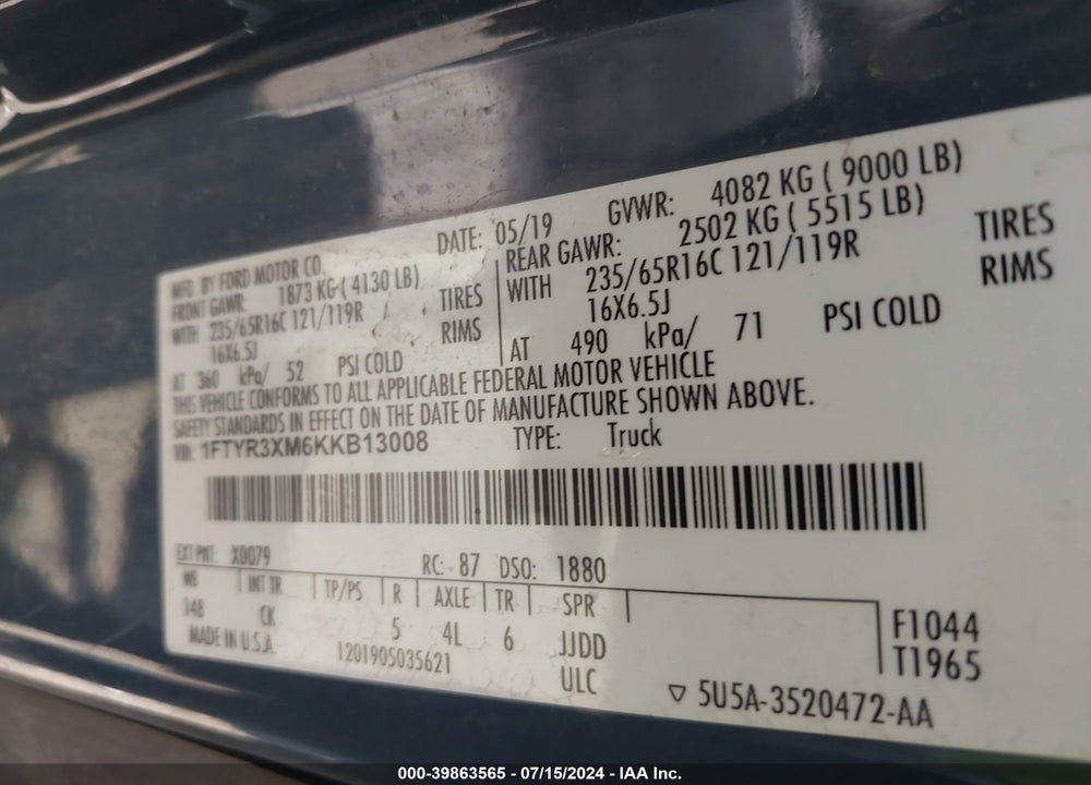 2019 FORD TRANSIT-250 VIN: 1FTYR3XM6KKB13008