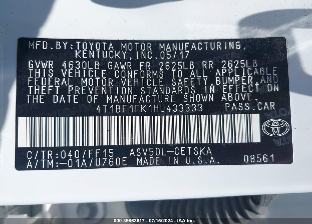 2017 TOYOTA CAMRY SE VIN: 4T1BF1FK1HU433333