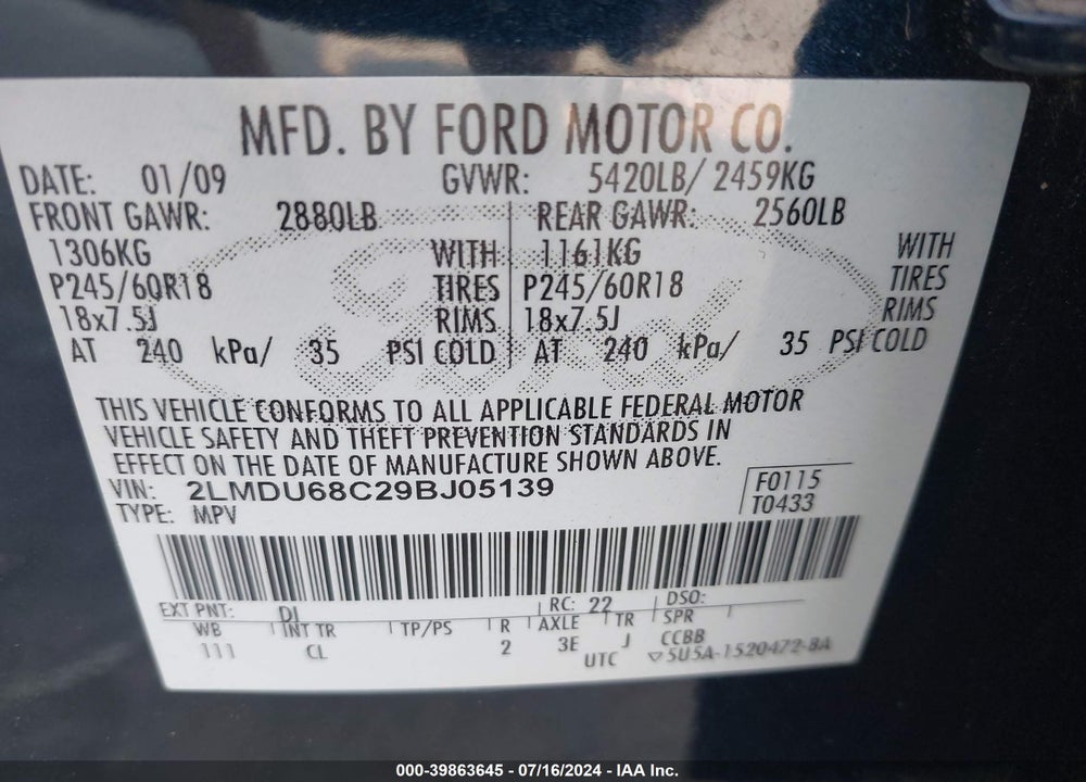 2009 LINCOLN MKX VIN: 2LMDU68C29BJ05139
