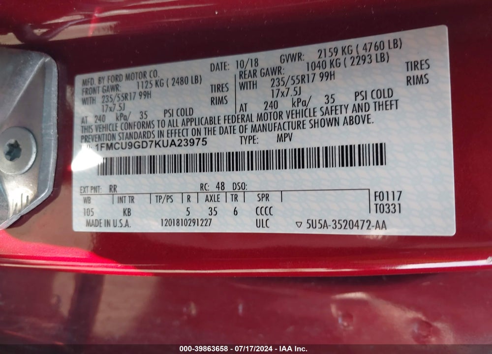 2019 FORD ESCAPE SE VIN: 1FMCU9GD7KUA23975