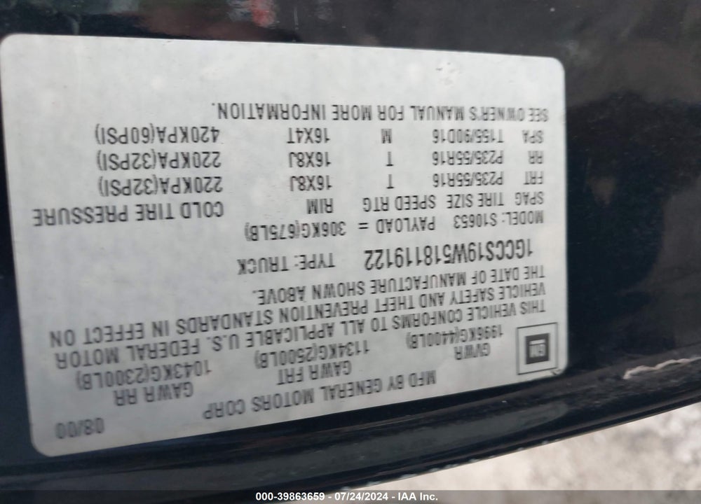 2001 CHEVROLET S-10 LS VIN: 1GCCS19W518119122