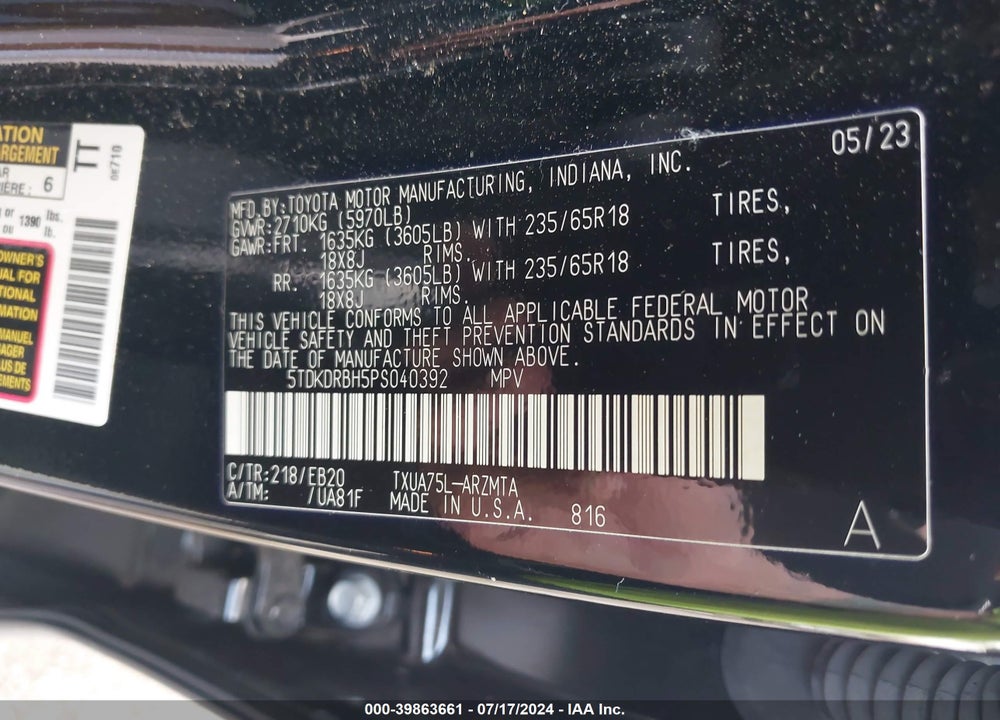 2023 TOYOTA HIGHLANDER XLE VIN: 5TDKDRBH5PS040392