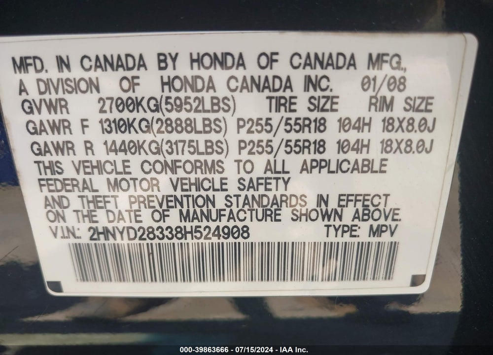 2008 ACURA MDX TECHNOLOGY PACKAGE VIN: 2HNYD28338H524908
