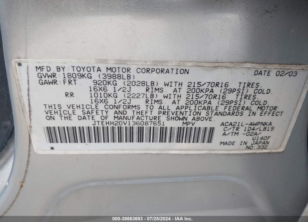 2003 TOYOTA RAV4 VIN: JTEHH20V136087651