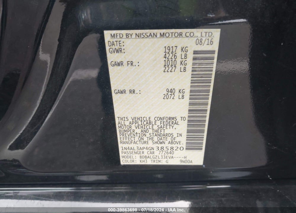 2016 NISSAN ALTIMA 2.5 S VIN: 1N4AL3AP4GN385820
