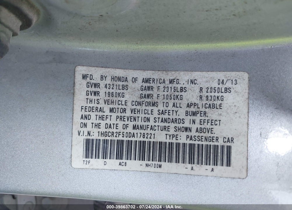 2013 HONDA ACCORD SPORT VIN: 1HGCR2F50DA178221