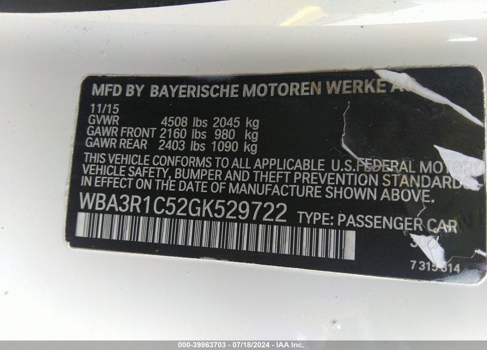 2016 BMW 435I VIN: WBA3R1C52GK529722