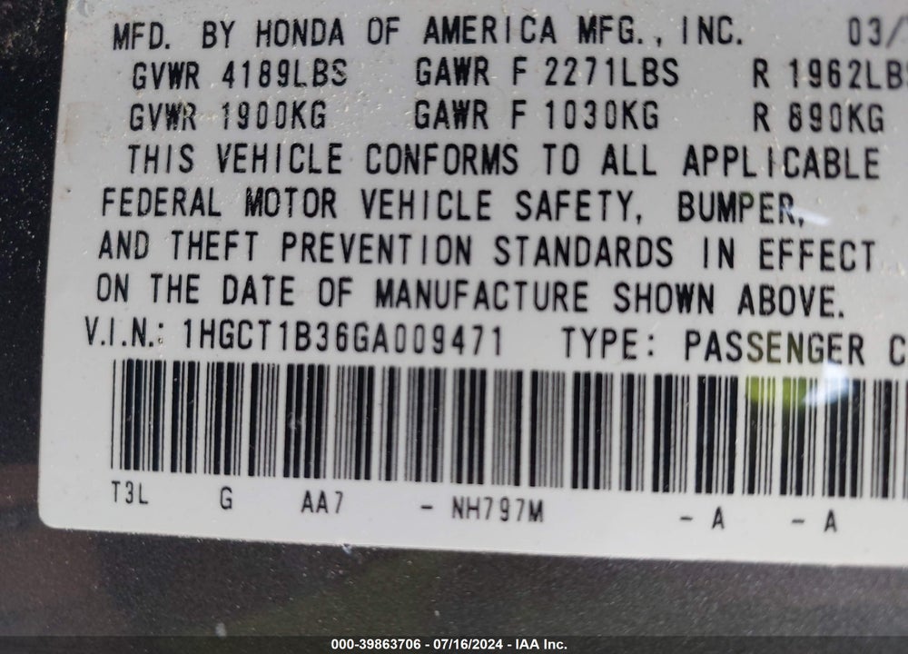 2016 HONDA ACCORD LX-S VIN: 1HGCT1B36GA009471