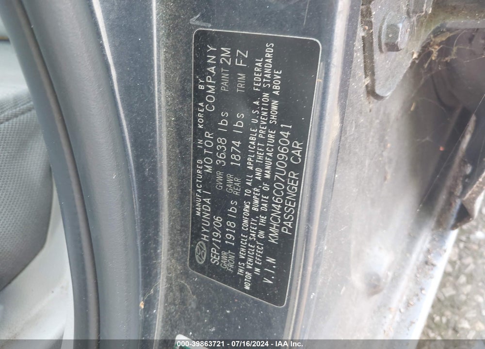 2007 HYUNDAI ACCENT VIN: KMHCN46C07U096041