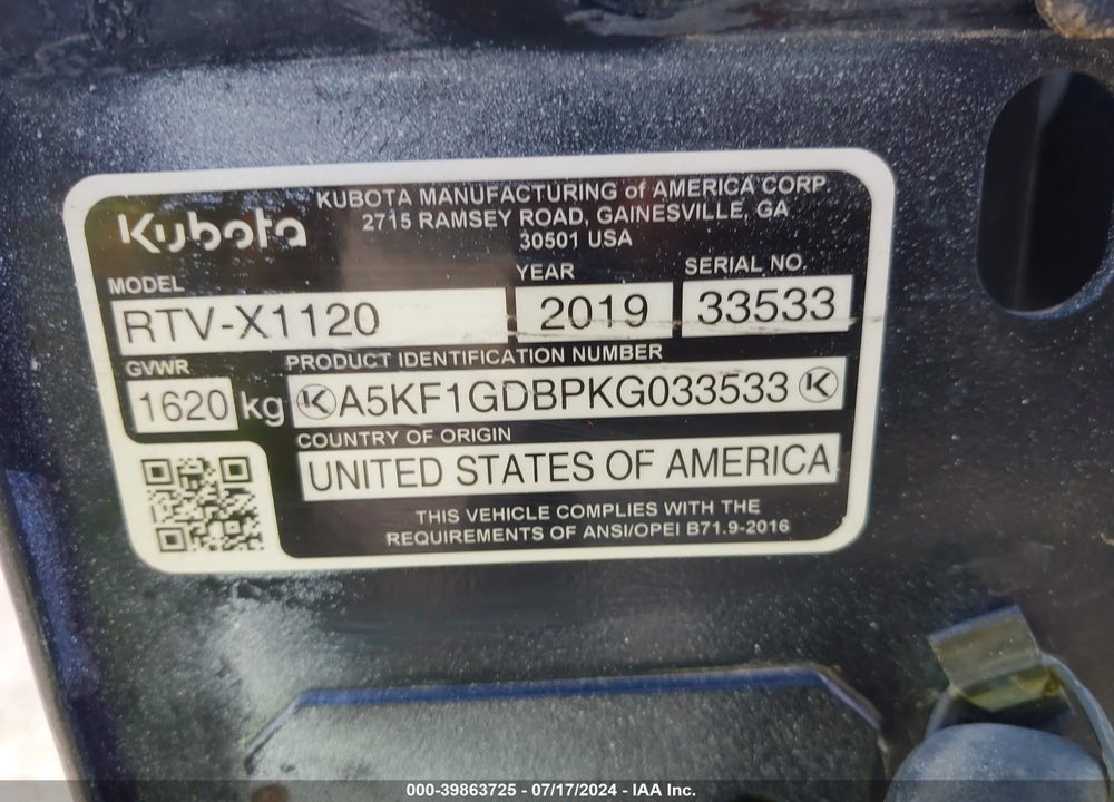 2020 KUBOTA RTV 1120 VIN: A5KF1GDBPKG033533